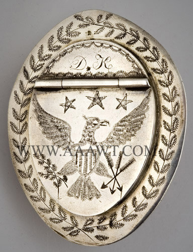 Silver Snuffbox, Engraved Silver, Engraved Eagle, Shield, Americana
American Federal Period Great Seal of the United States
Circa 1790, entire view